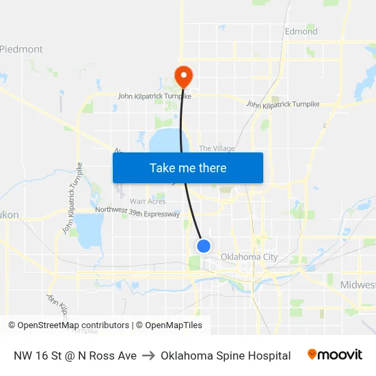 NW 16 St @ N Ross Ave to Oklahoma Spine Hospital map