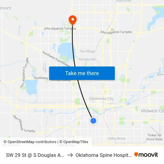 SW 29 St @ S Douglas Ave to Oklahoma Spine Hospital map