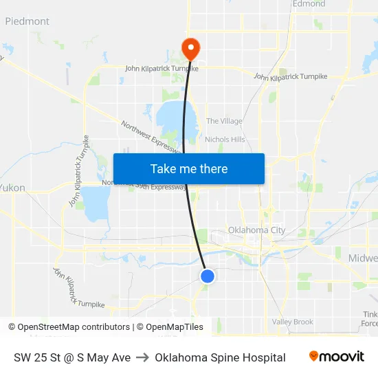 SW 25 St @ S May Ave to Oklahoma Spine Hospital map