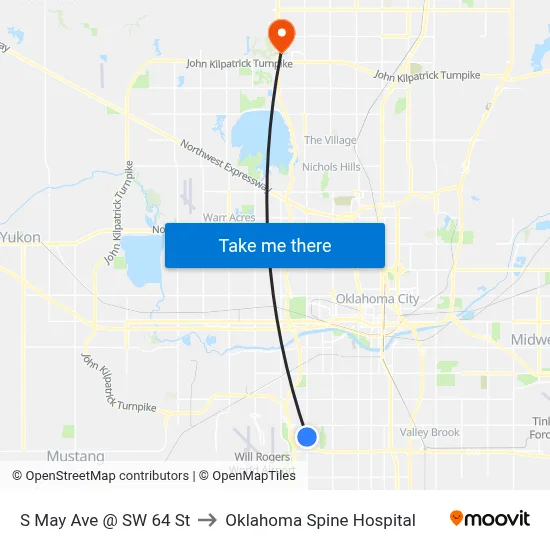 S May Ave @ SW 64 St to Oklahoma Spine Hospital map
