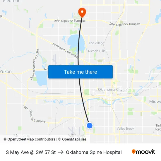 S May Ave @ SW 57 St to Oklahoma Spine Hospital map