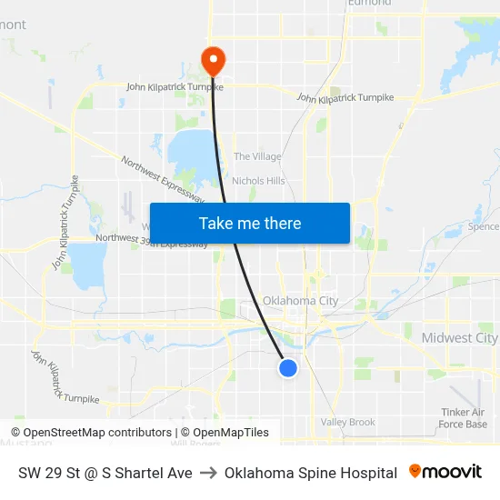 SW 29 St @ S Shartel Ave to Oklahoma Spine Hospital map