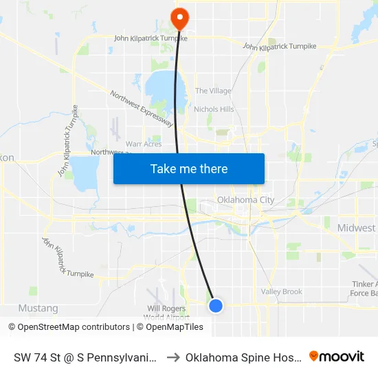 SW 74 St @ S Pennsylvania Ave to Oklahoma Spine Hospital map