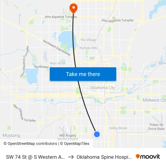 SW 74 St @ S Western Ave to Oklahoma Spine Hospital map