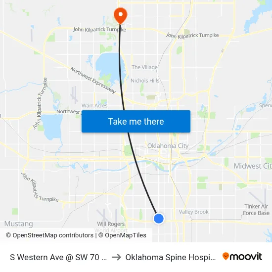 S Western Ave @ SW 70 St to Oklahoma Spine Hospital map