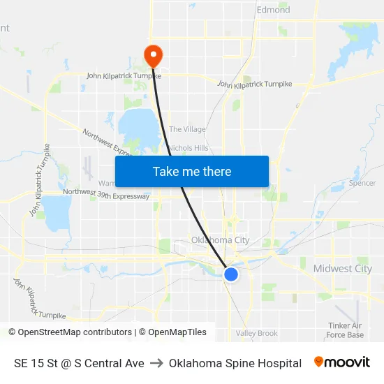 SE 15 St @ S Central Ave to Oklahoma Spine Hospital map