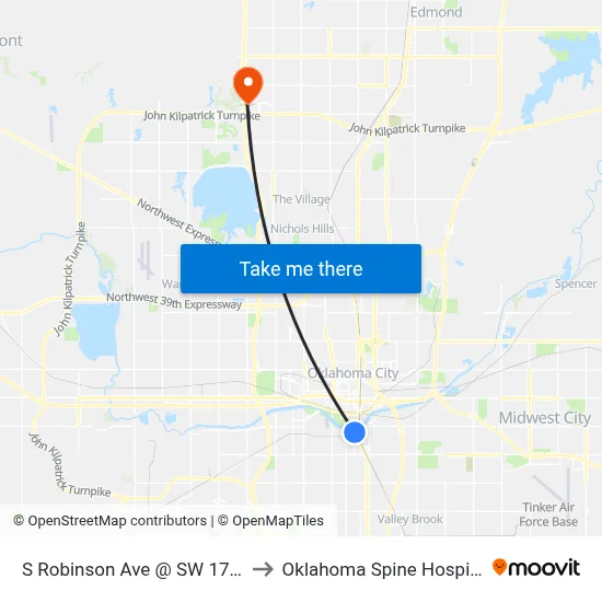 S Robinson Ave @ SW 17 St to Oklahoma Spine Hospital map