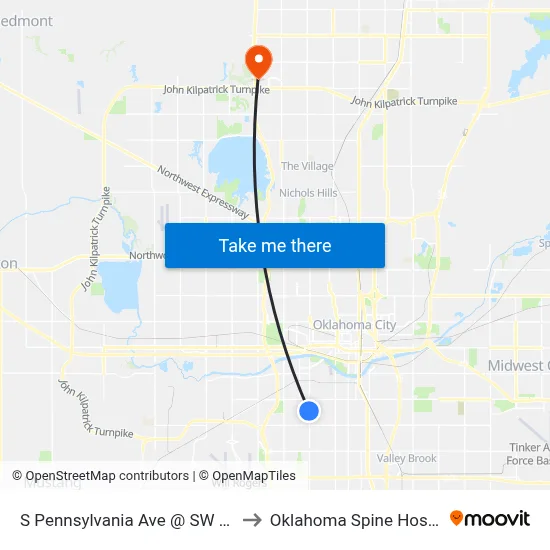 S Pennsylvania Ave @ SW 35 St to Oklahoma Spine Hospital map