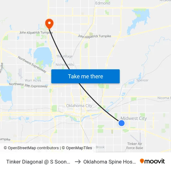 Tinker Diagonal @ S Sooner Rd to Oklahoma Spine Hospital map