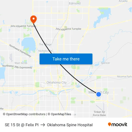 SE 15 St @ Felix Pl to Oklahoma Spine Hospital map