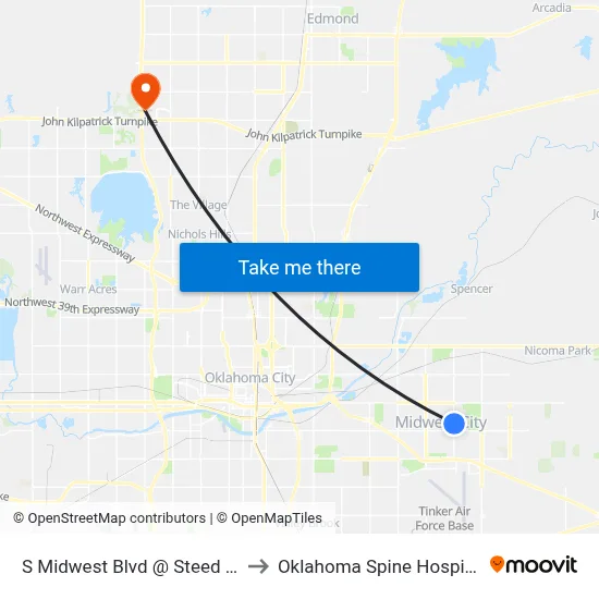 S Midwest Blvd @ Steed Dr to Oklahoma Spine Hospital map