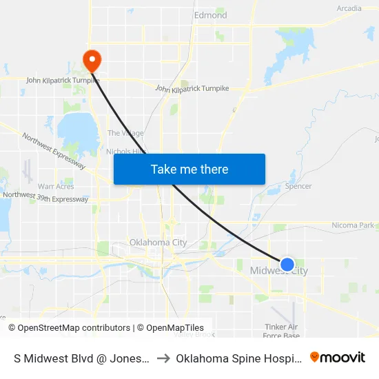 S Midwest Blvd @ Jones Pl to Oklahoma Spine Hospital map