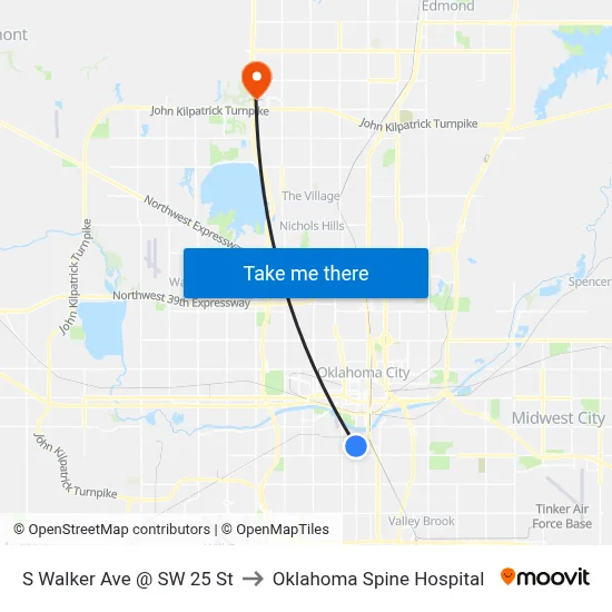 S Walker Ave @ SW 25 St to Oklahoma Spine Hospital map