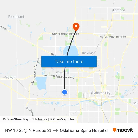 NW 10 St @ N Purdue St to Oklahoma Spine Hospital map