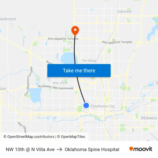 NW 10th @ N Villa Ave to Oklahoma Spine Hospital map
