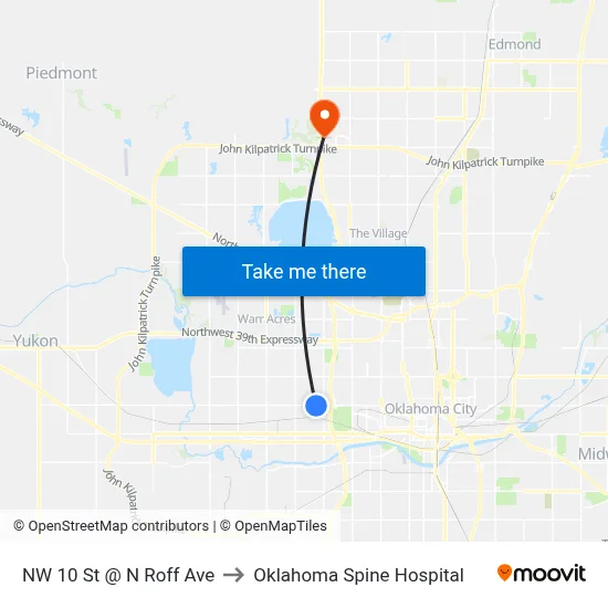 NW 10 St @ N Roff Ave to Oklahoma Spine Hospital map