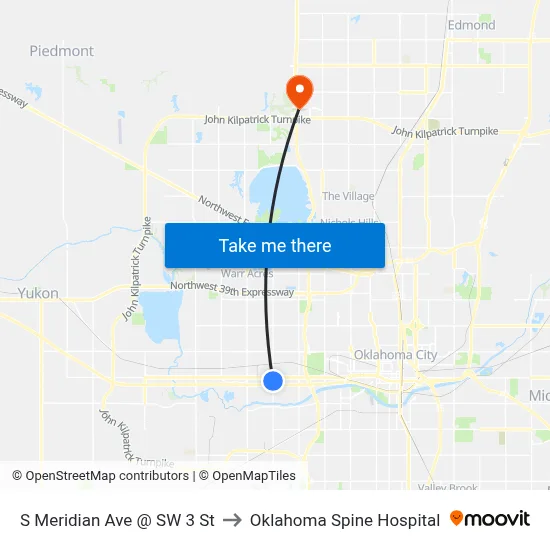 S Meridian Ave @ SW 3 St to Oklahoma Spine Hospital map