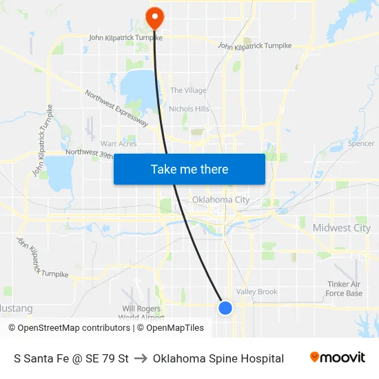S Santa Fe @ SE 79 St to Oklahoma Spine Hospital map