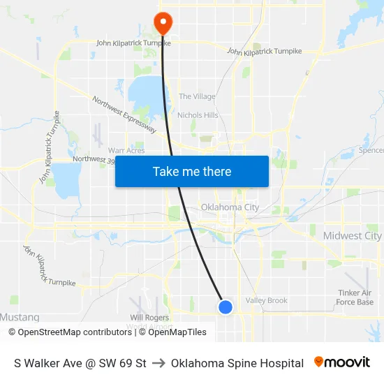 S Walker Ave @ SW 69 St to Oklahoma Spine Hospital map