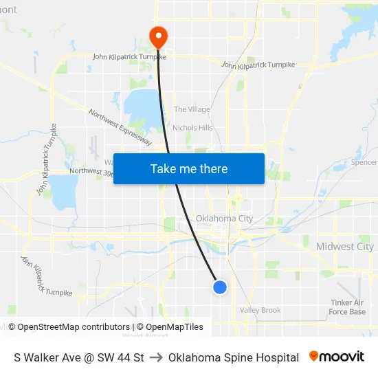 S Walker Ave @ SW 44 St to Oklahoma Spine Hospital map