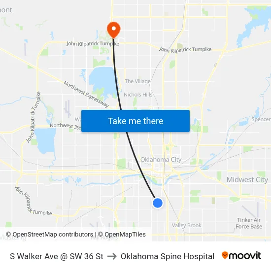 S Walker Ave @ SW 36 St to Oklahoma Spine Hospital map
