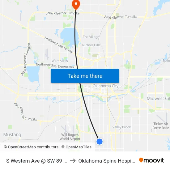 S Western Ave @ SW 89 St to Oklahoma Spine Hospital map