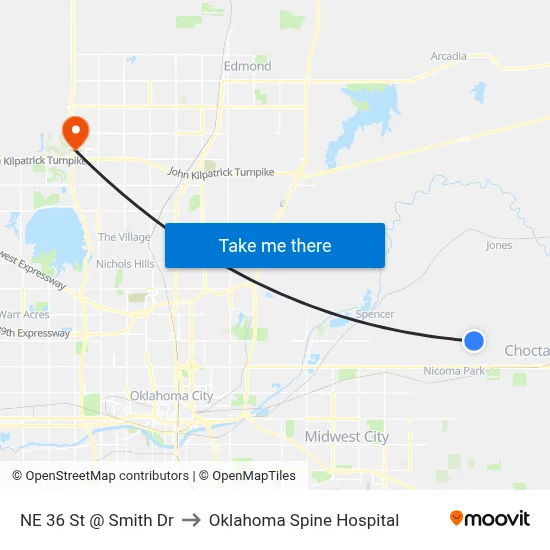 NE 36 St @ Smith Dr to Oklahoma Spine Hospital map