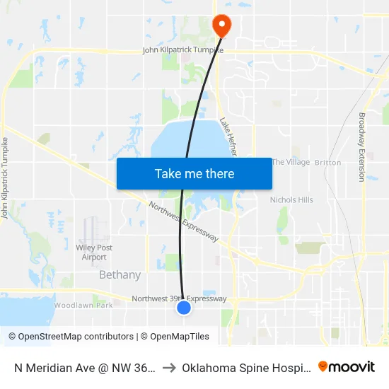 N Meridian Ave @ NW 36 St to Oklahoma Spine Hospital map