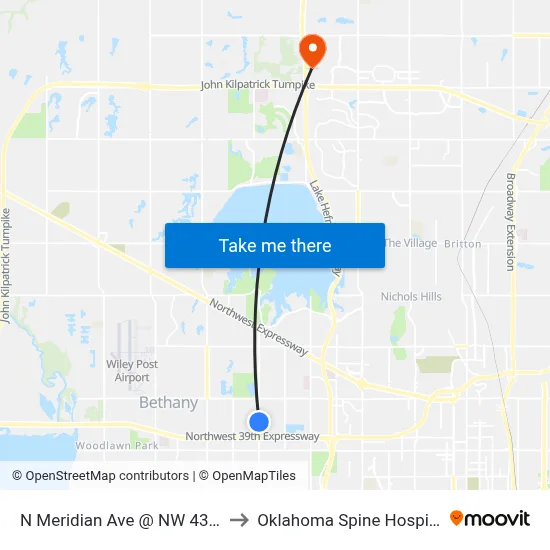 N Meridian Ave @ NW 43 St to Oklahoma Spine Hospital map