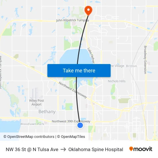 NW 36 St @ N Tulsa Ave to Oklahoma Spine Hospital map