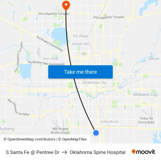 S Santa Fe @ Pentree Dr to Oklahoma Spine Hospital map