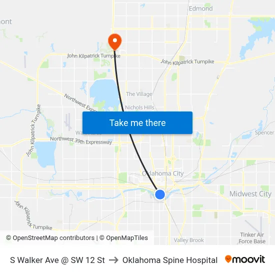 S Walker Ave @ SW 12 St to Oklahoma Spine Hospital map