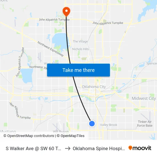 S Walker Ave @ SW 60 Terr to Oklahoma Spine Hospital map