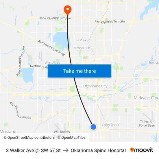 S Walker Ave @ SW 67 St to Oklahoma Spine Hospital map
