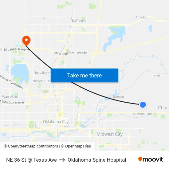 NE 36 St @ Texas Ave to Oklahoma Spine Hospital map