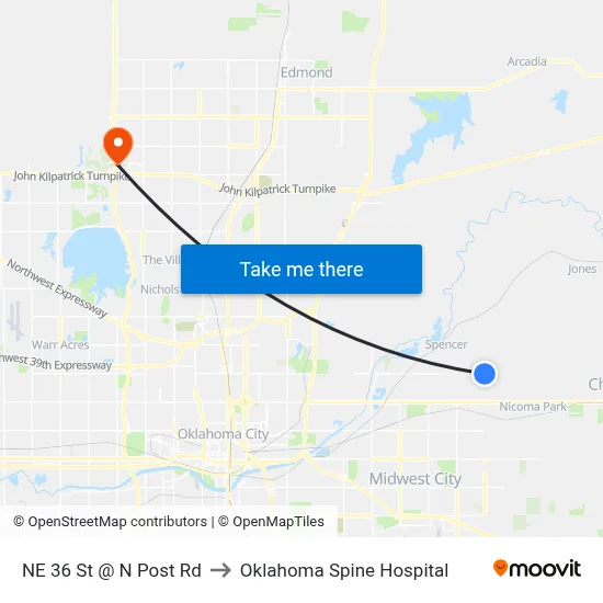 NE 36 St @ N Post Rd to Oklahoma Spine Hospital map