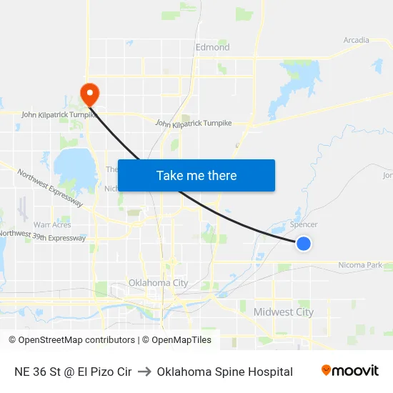 NE 36 St @ El Pizo Cir to Oklahoma Spine Hospital map