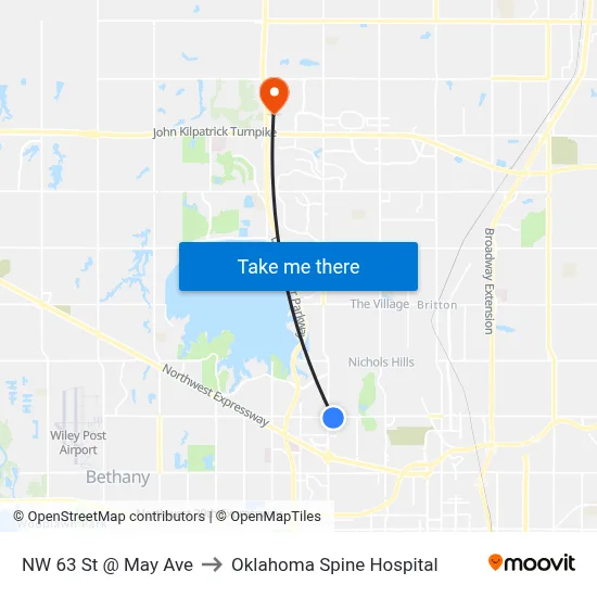 NW 63 St @ May Ave to Oklahoma Spine Hospital map