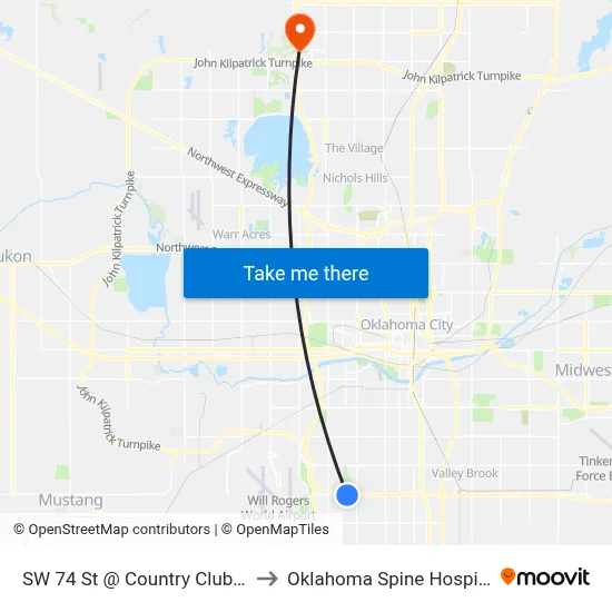 SW 74 St @ Country Club Dr to Oklahoma Spine Hospital map