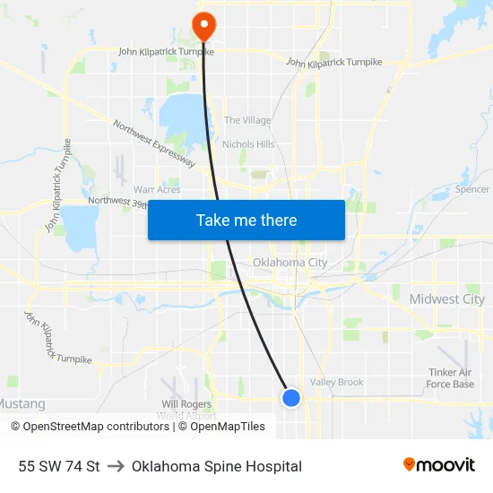 55 SW 74 St to Oklahoma Spine Hospital map
