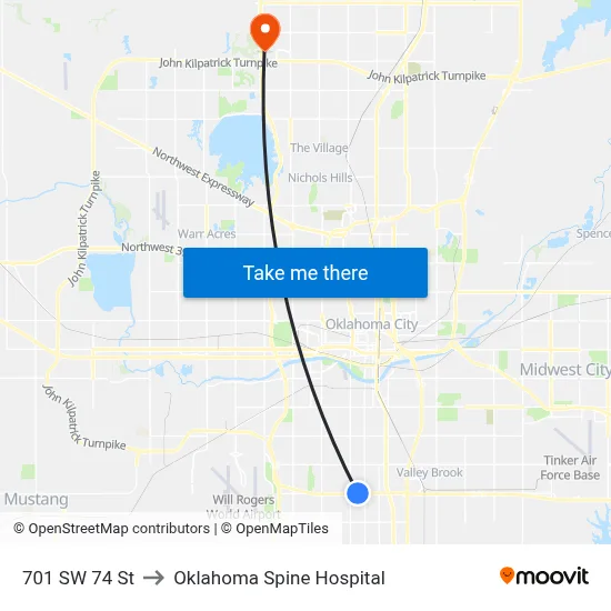 701 SW 74 St to Oklahoma Spine Hospital map