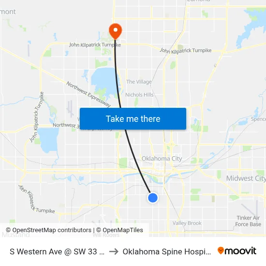 S Western Ave @ SW 33 St to Oklahoma Spine Hospital map