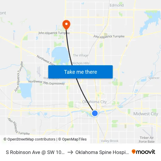 S Robinson Ave @ SW 10 St to Oklahoma Spine Hospital map