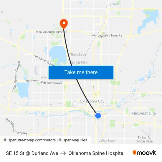 SE 15 St @ Durland Ave to Oklahoma Spine Hospital map