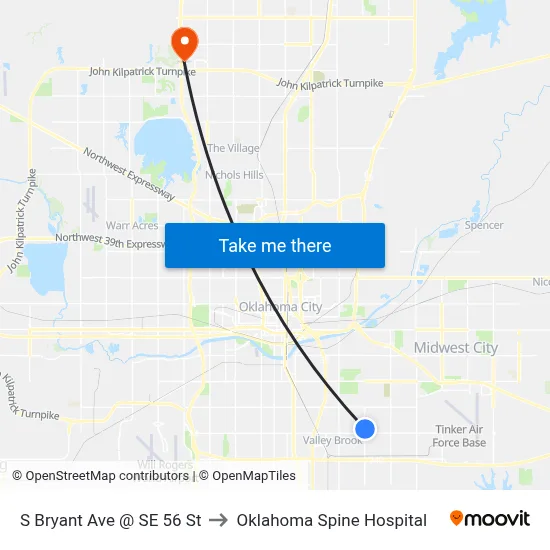 S Bryant Ave @ SE 56 St to Oklahoma Spine Hospital map