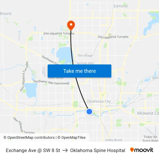 Exchange Ave @ SW 8 St to Oklahoma Spine Hospital map
