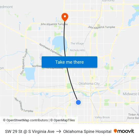 SW 29 St @ S Virginia Ave to Oklahoma Spine Hospital map