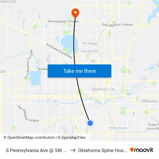 S Pennsylvania Ave @ SW 54 St to Oklahoma Spine Hospital map