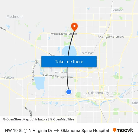 NW 10 St @ N Virginia Dr to Oklahoma Spine Hospital map