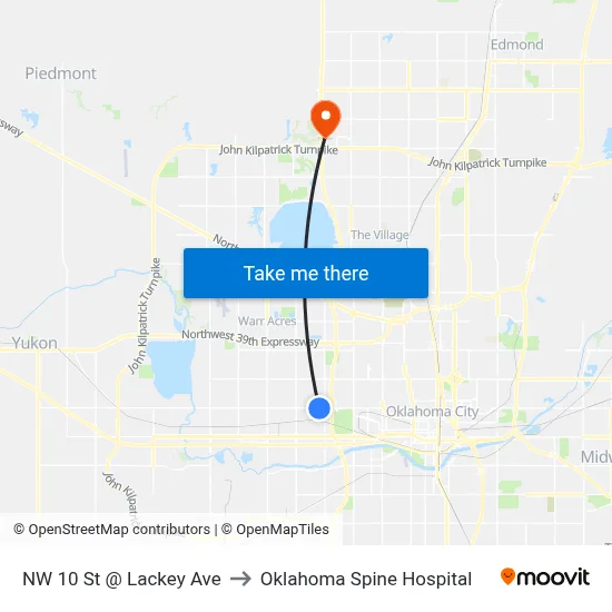NW 10 St @ Lackey Ave to Oklahoma Spine Hospital map